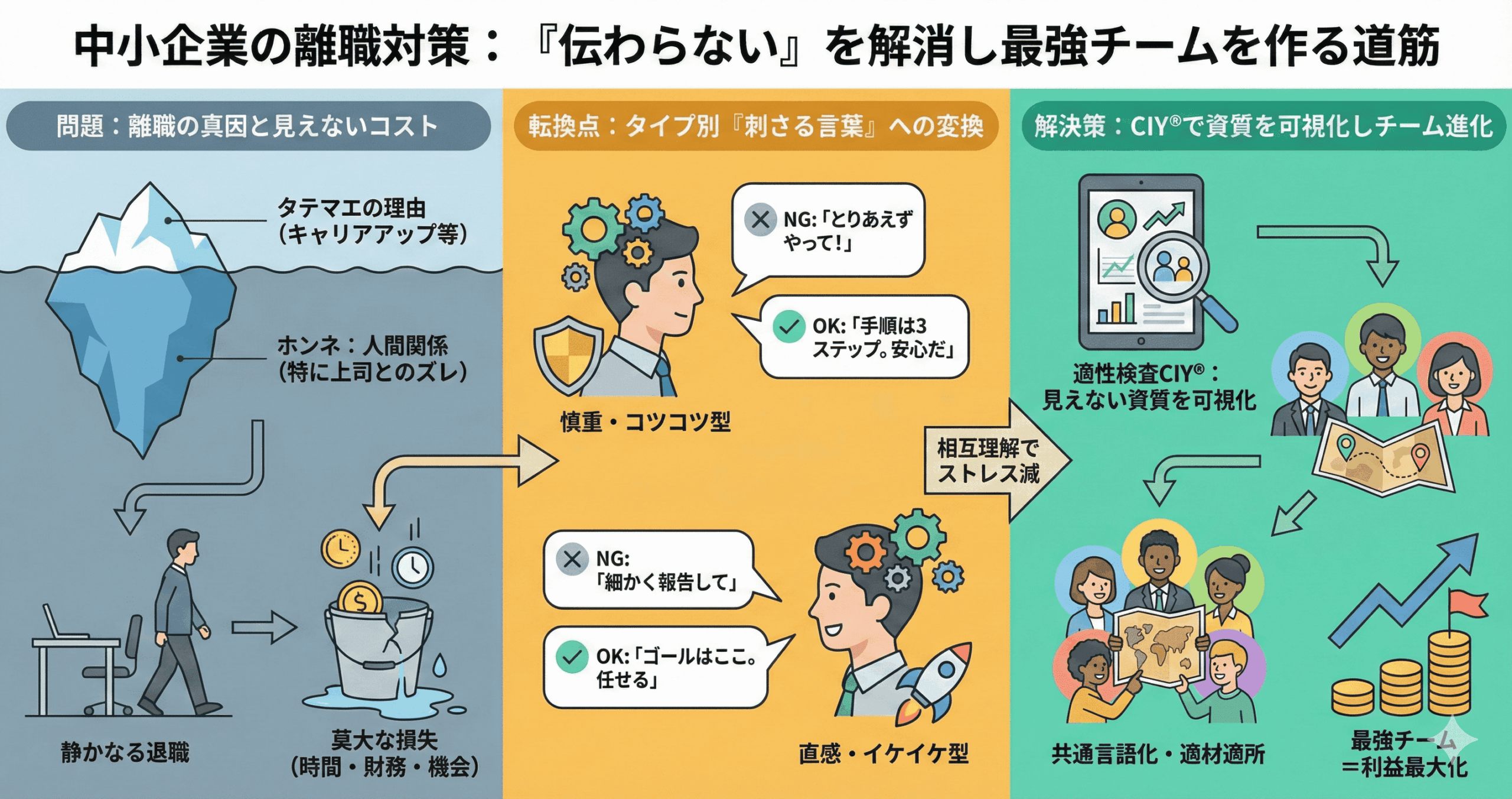 インフォグラフ_コミュニケーションコスト削減!上司と部下が合わない悩みをタイプ別で解決